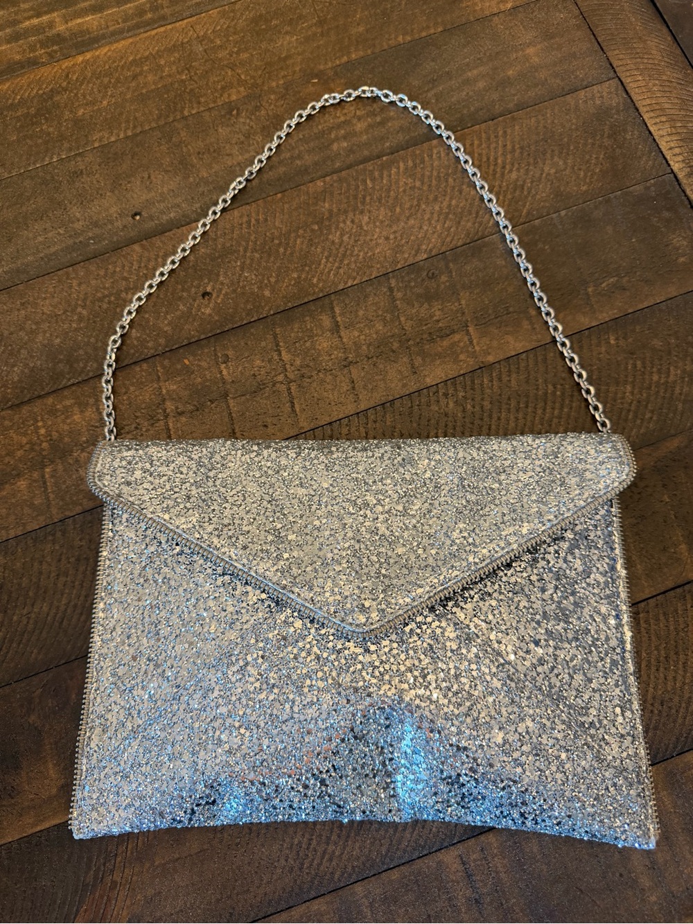 Rebecca Minkoff Silver Glitter Envelope Clutch with Chain